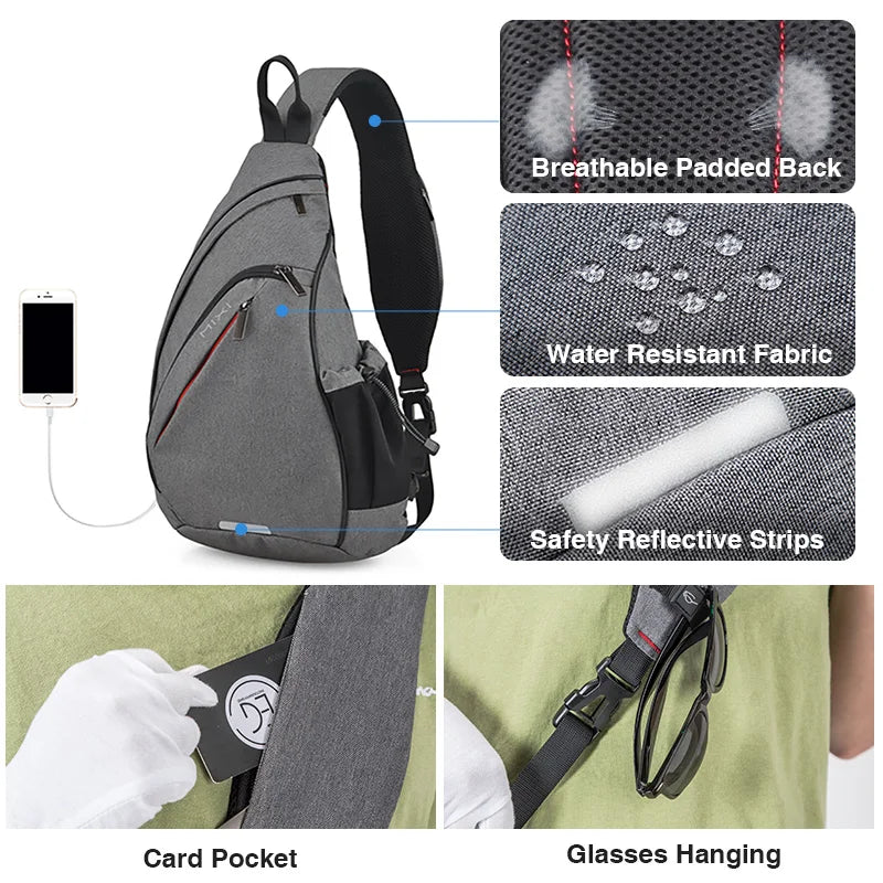 Gray bag with sling, water-resistant fabric, perfect for travel