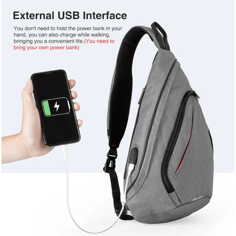 Gray bag with sling for charging devices on the go