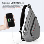 Gray bag with sling for charging devices on the go
