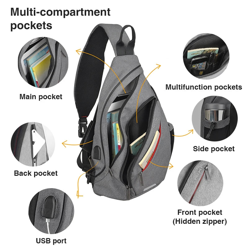 Gray bag with sling, durable material, multi-compartment design for travel