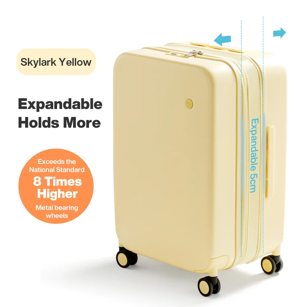 Yellow expandable luggage from VacationGrabs, best travel luggage carry-on
