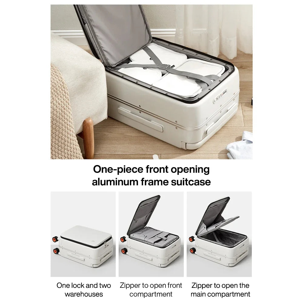 VacationGrabs carry on size luggage dimensions, aluminum frame, convenient front opening