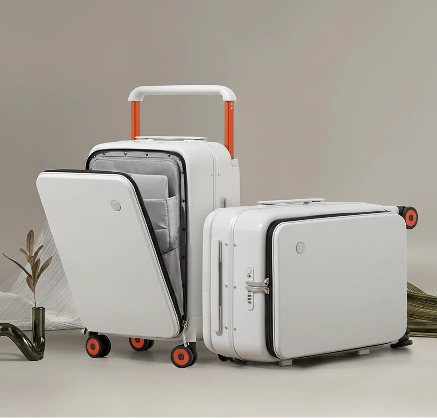White carry on size luggage dimensions with durable wheels for travel