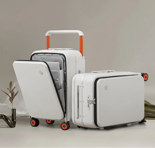White carry on size luggage dimensions with durable wheels for travel