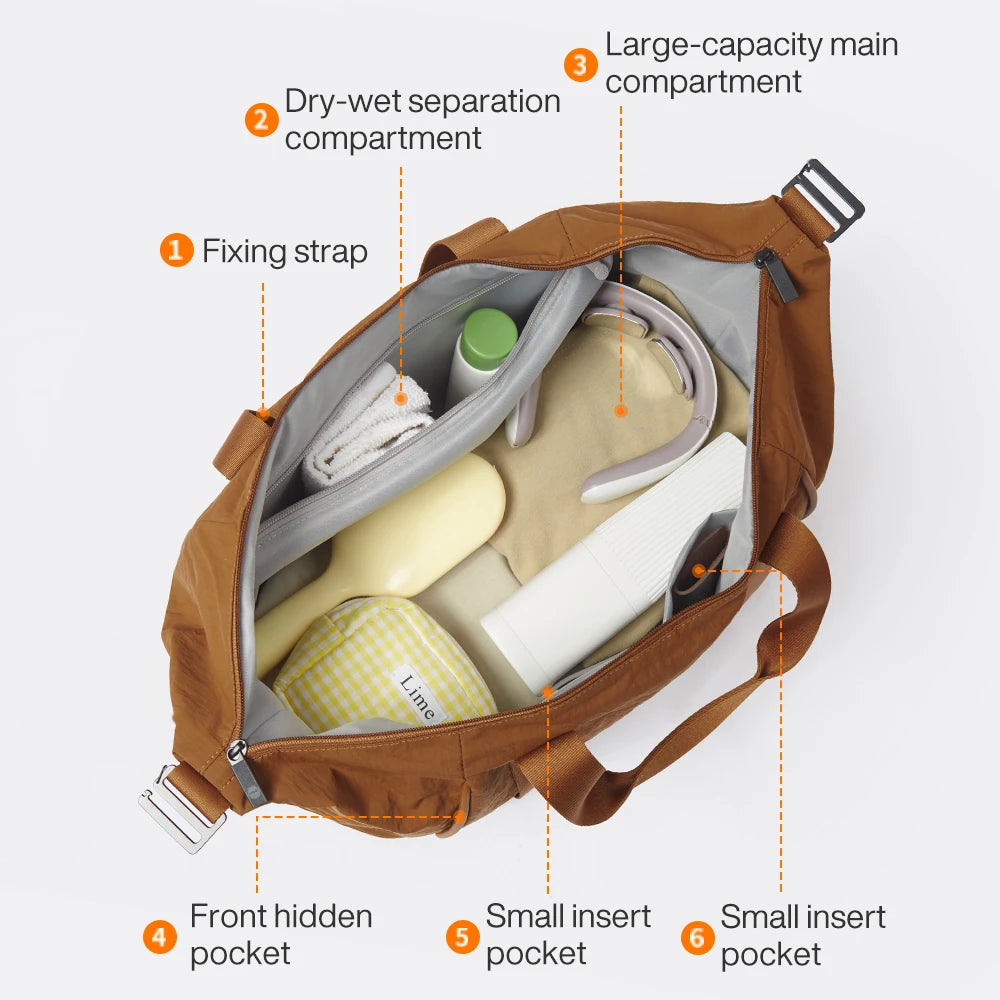 Brown duffle bag with large compartment and wet-dry separation
