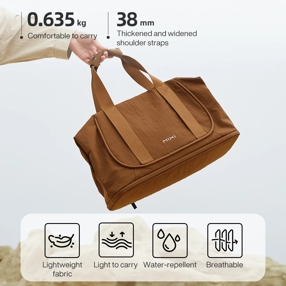 Brown lightweight duffle bag, comfortable for travel and outdoor use