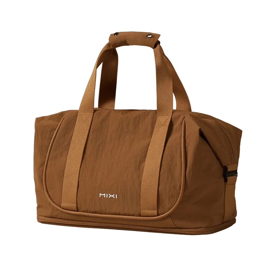Geotechnical brown duffle bag made of durable fabric for travel and fitness
