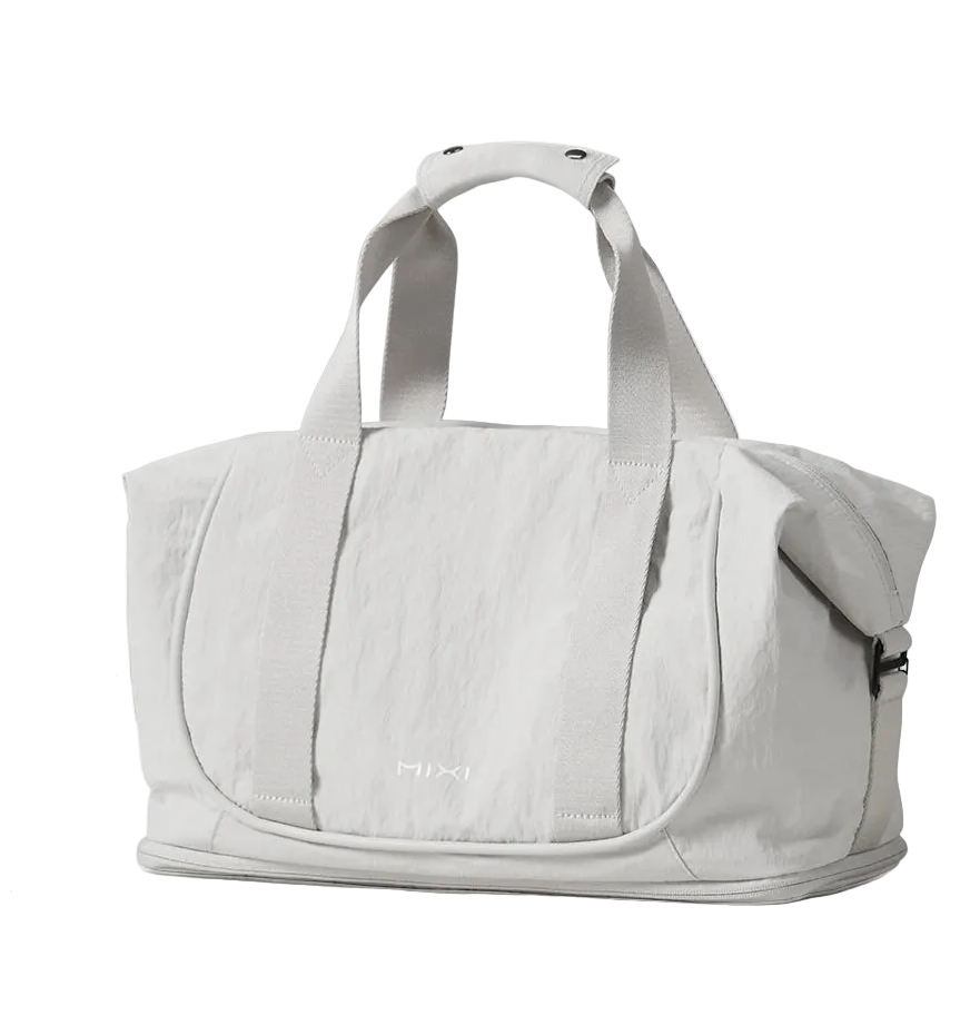 Light gray duffle bag, three-proof fabric for travel and fitness