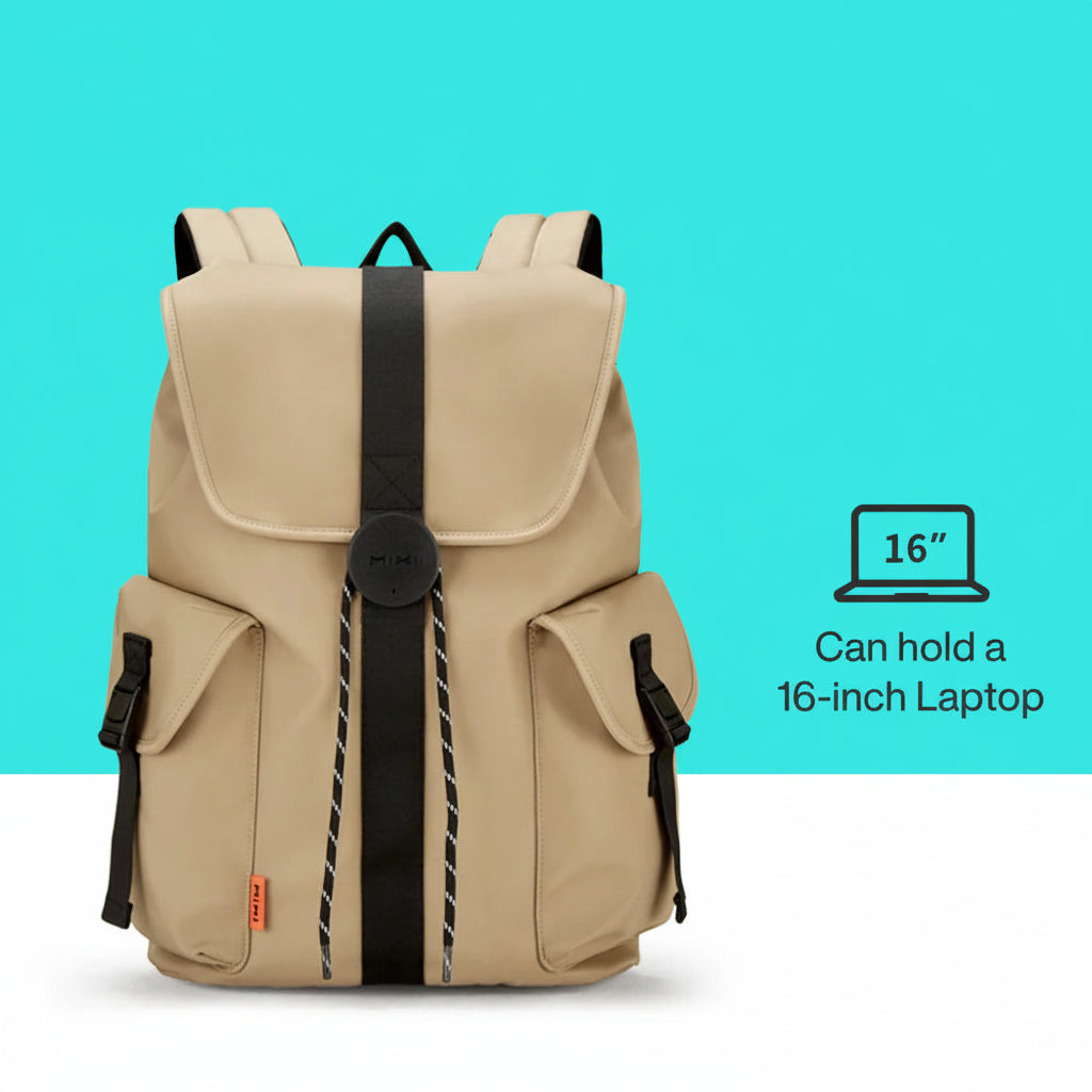 Beige travel backpacking backpack, durable material, designed to hold 16-inch laptop