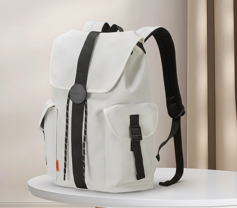 White travel backpacking backpack with adjustable straps and multiple pockets