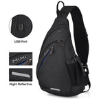 Stylish USB charging crossbody backpack features multiple pockets and a reflective design for safety at night