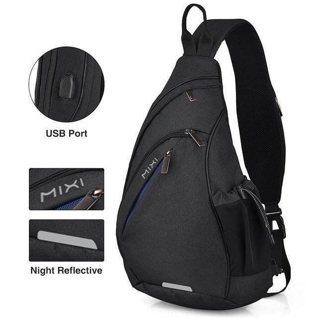 Stylish USB charging crossbody backpack features multiple pockets and a reflective design for safety at night