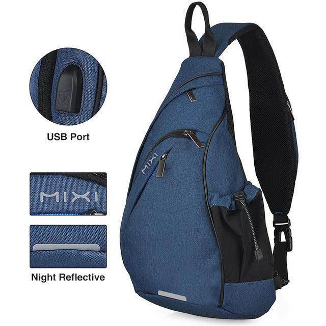 USB charging crossbody backpack in blue with multiple pockets and reflective design for safety