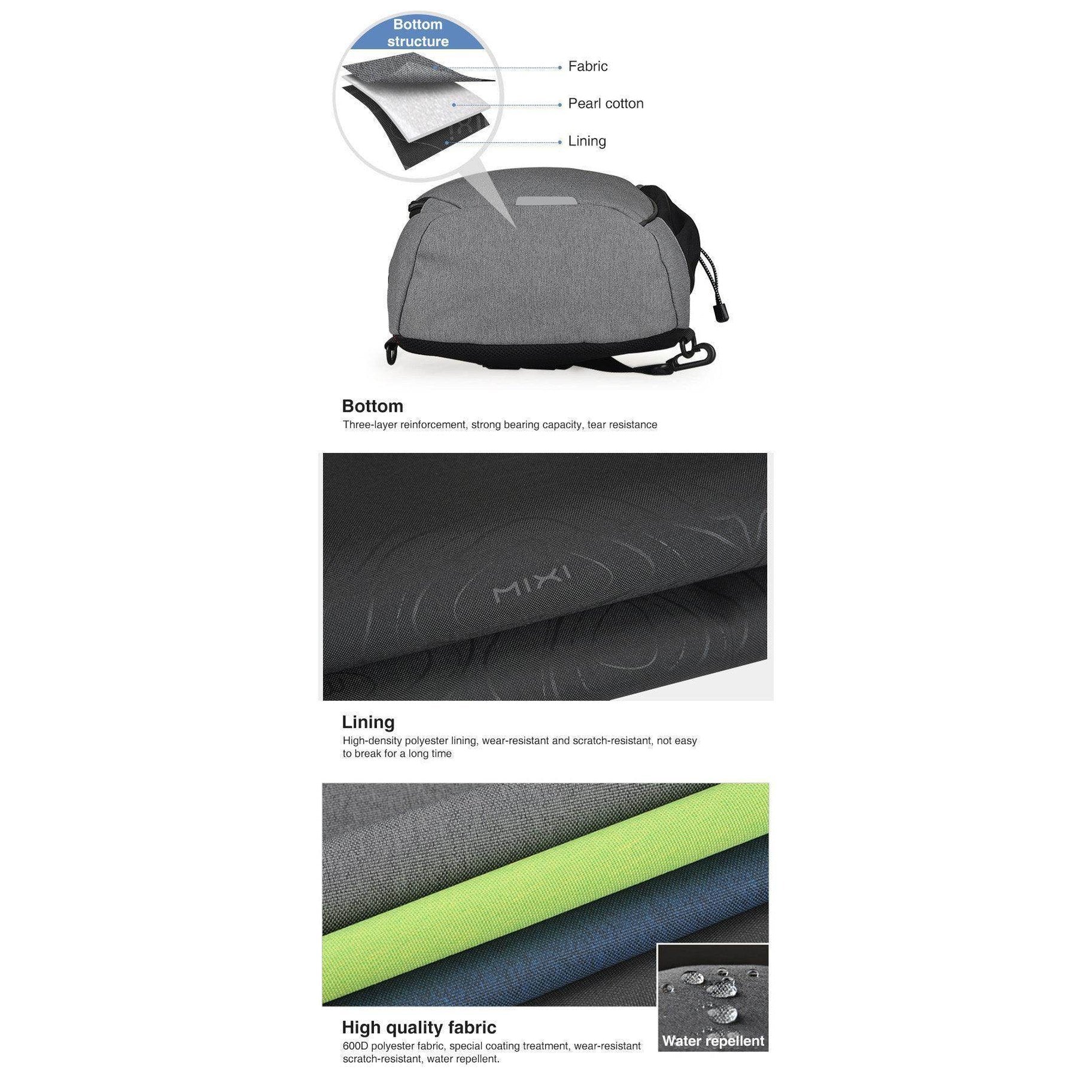 Gray USB charging crossbody backpack with durable fabric and water-resistant lining for travel convenience