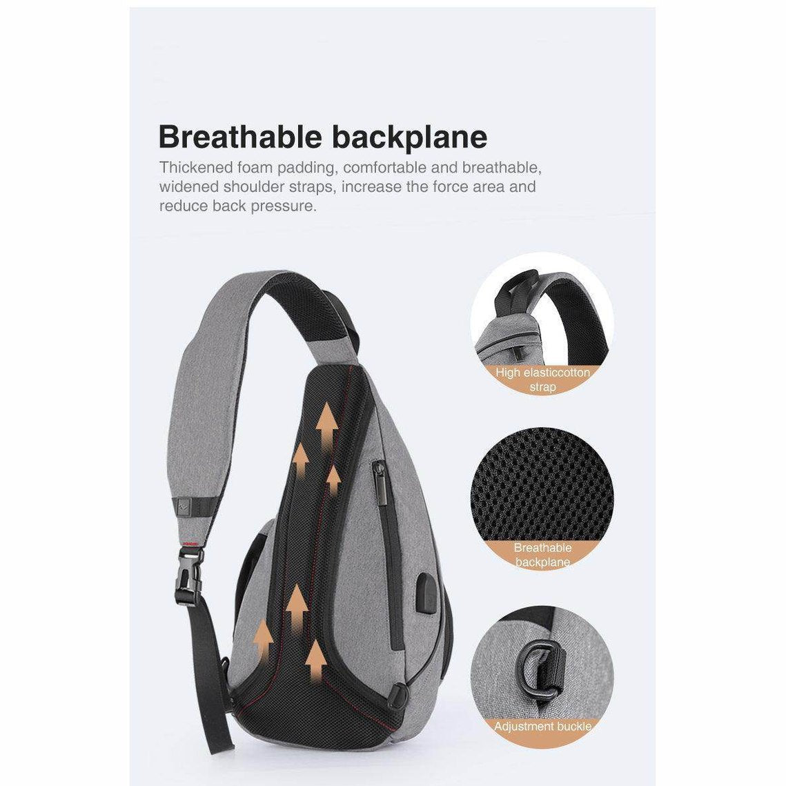Breathable USB charging crossbody backpack with thick foam padding and adjustable straps for comfort