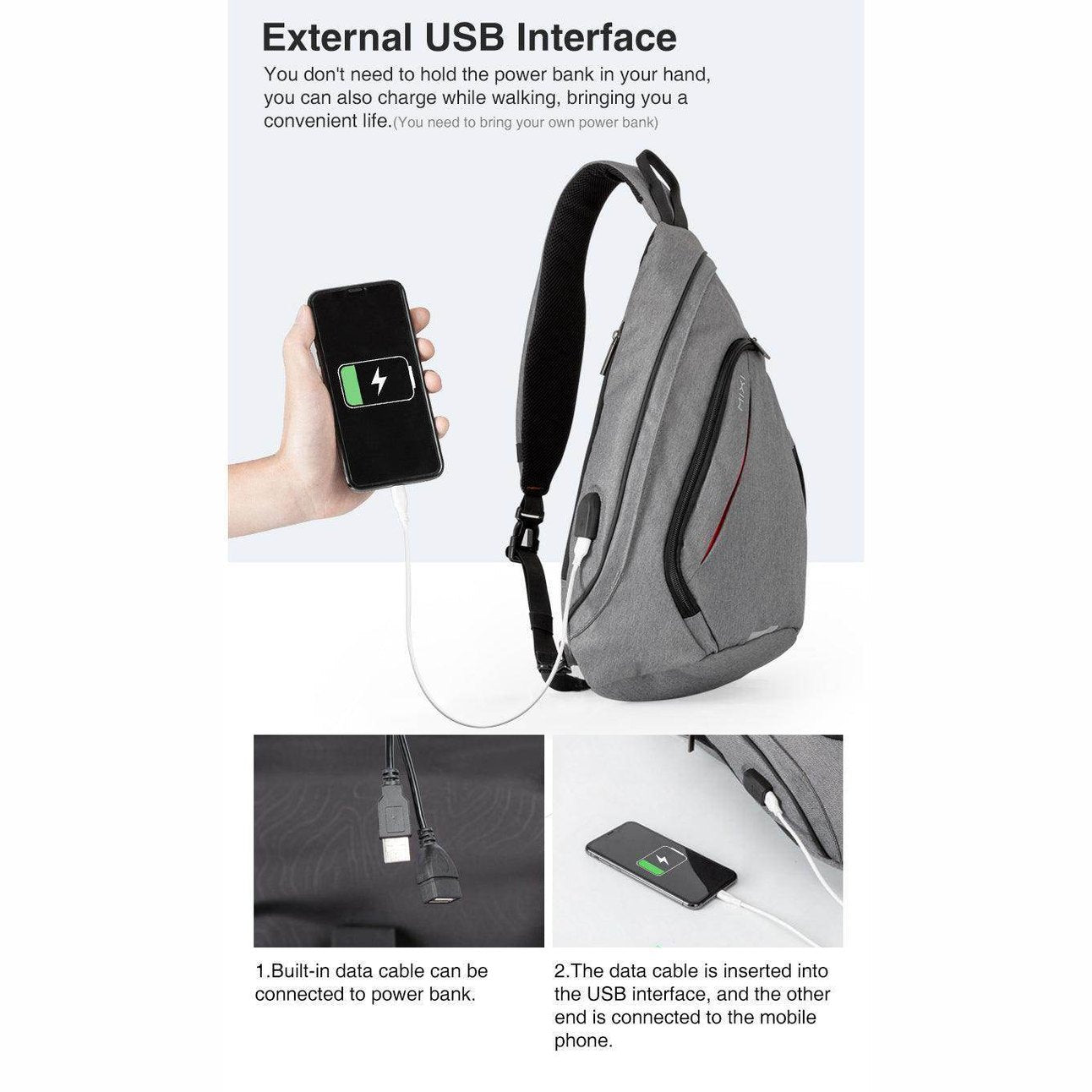 Gray USB charging crossbody backpack with external USB interface for convenient mobile device charging