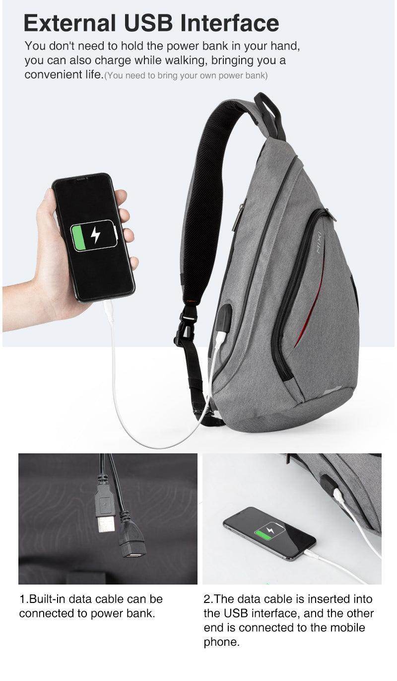 Gray USB charging crossbody backpack with external USB interface for convenient mobile device charging