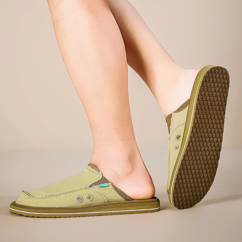 Mens comfortable shoes in green canvas, ideal for casual wear