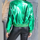 Miss Sparkling metallic bomber jacket in glossy emerald green cropped style shown on model back