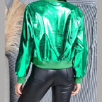 Miss Sparkling metallic bomber jacket in glossy emerald green cropped style shown on model back