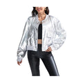 Miss Sparkling metallic bomber jacket in silver cropped style with front pockets and ribbed cuffs