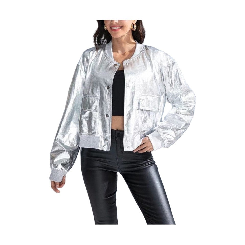 Miss Sparkling metallic bomber jacket in silver cropped style with front pockets and ribbed cuffs