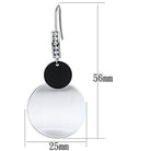 Modern geometric dangle earrings with silver and black circular design, perfect for stylish outfits