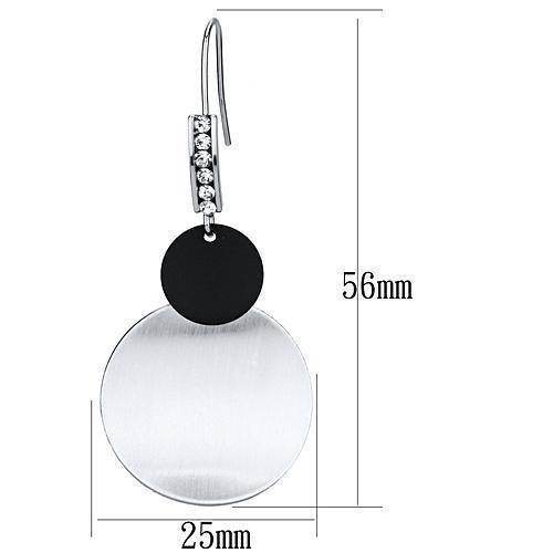 Modern geometric dangle earrings with silver and black circular design, perfect for stylish outfits