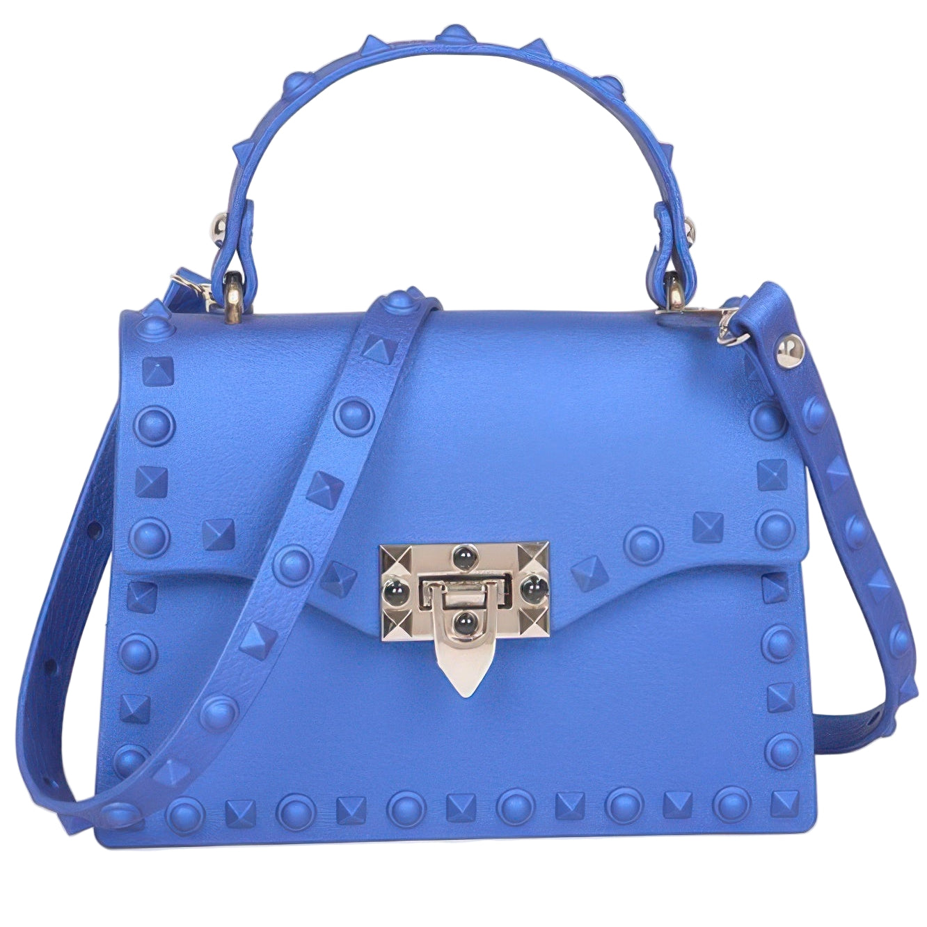 Monotone studded clutch bag in blue with decorative studs and a stylish handle for fashionable outings