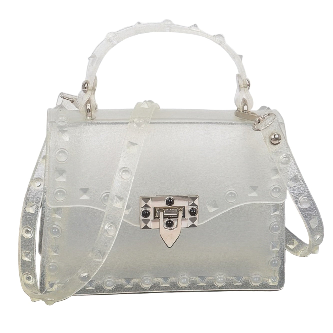VacationGrabs monotone studded clutch bag with a transparent design and studded accents for stylish outings