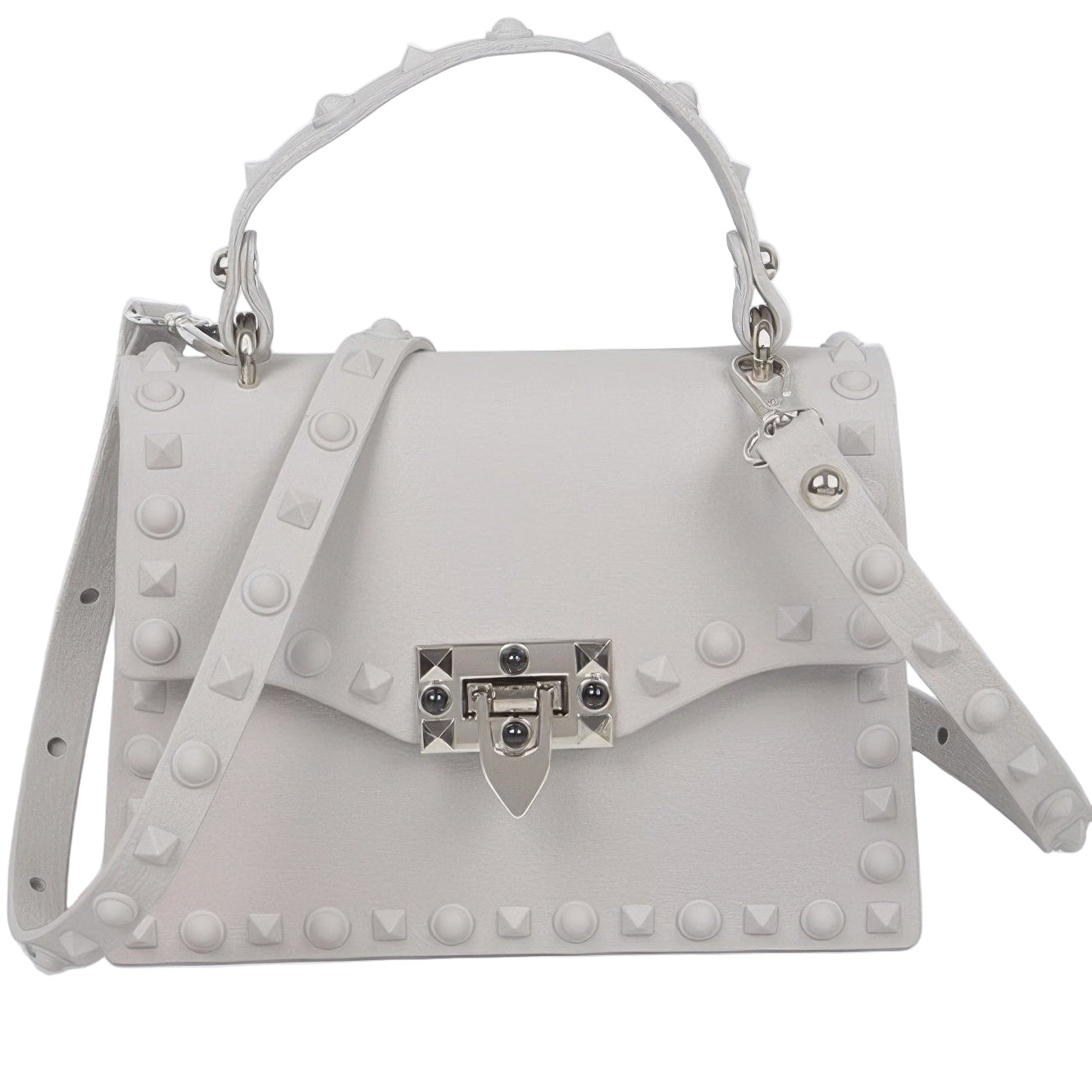 Stylish monotone studded clutch bag with a detachable strap and decorative studs for modern fashion.