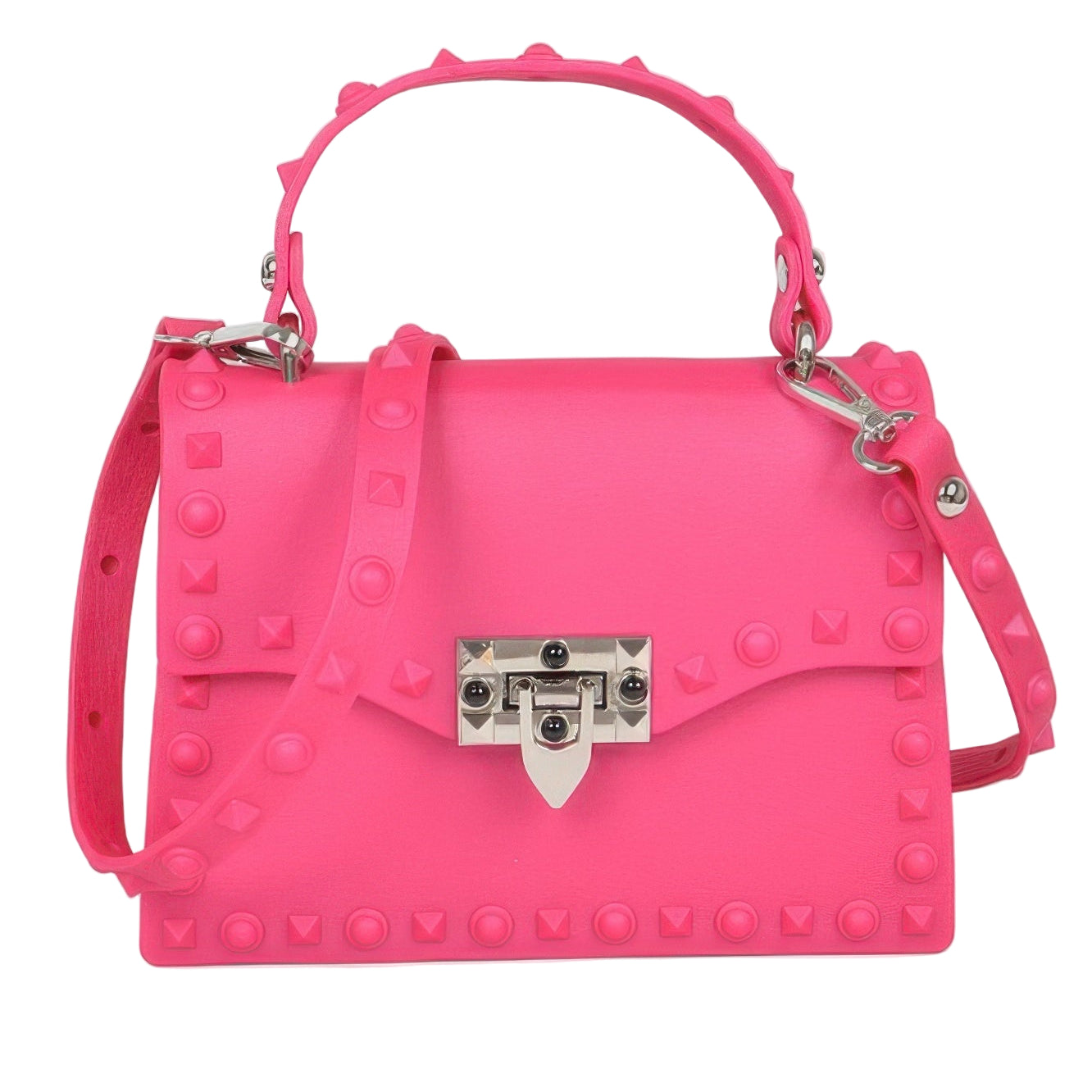 Monotone studded clutch bag in vibrant pink with a stylish strap and decorative studs