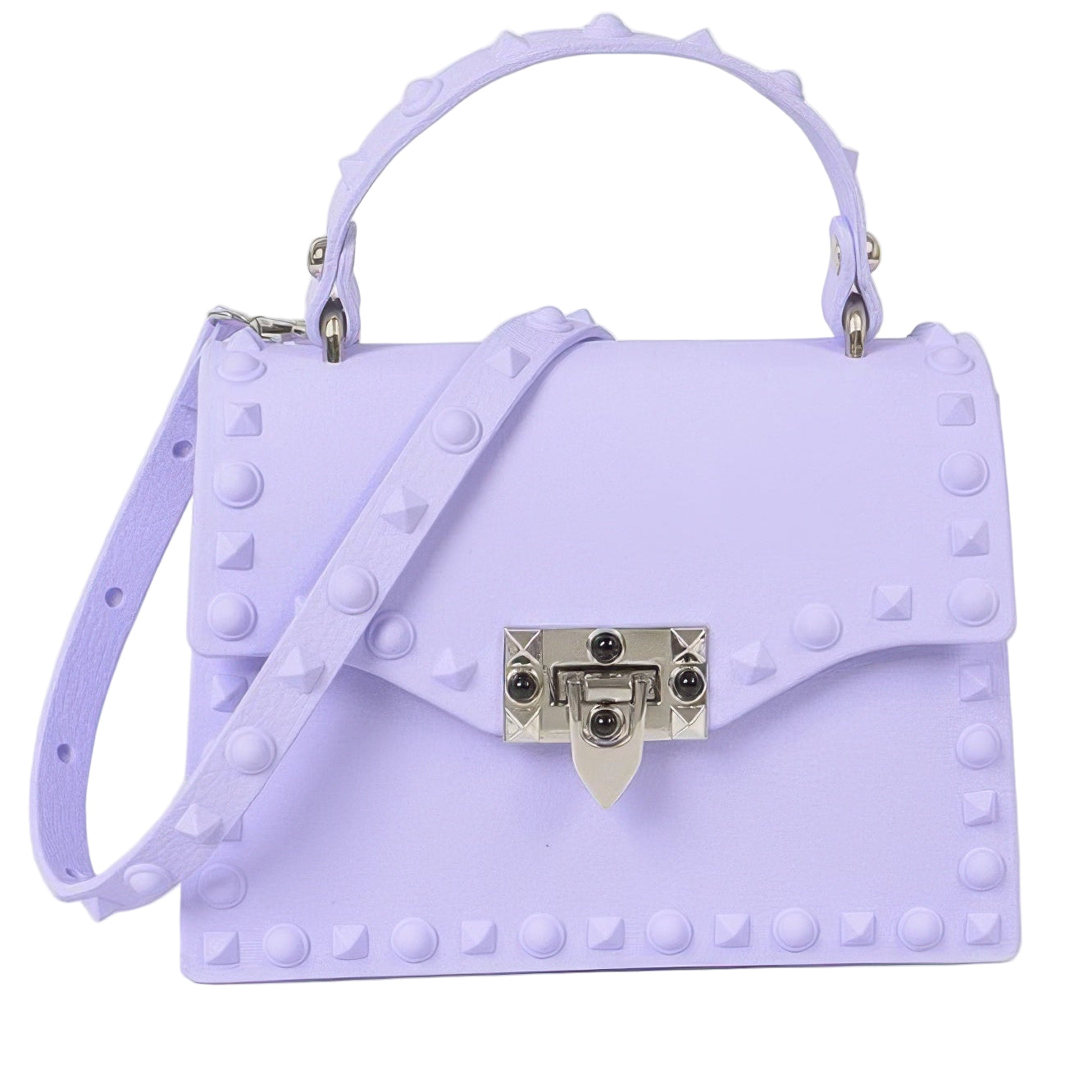 Monotone studded clutch bag in lavender with a secure clasp and detachable strap for versatile styling