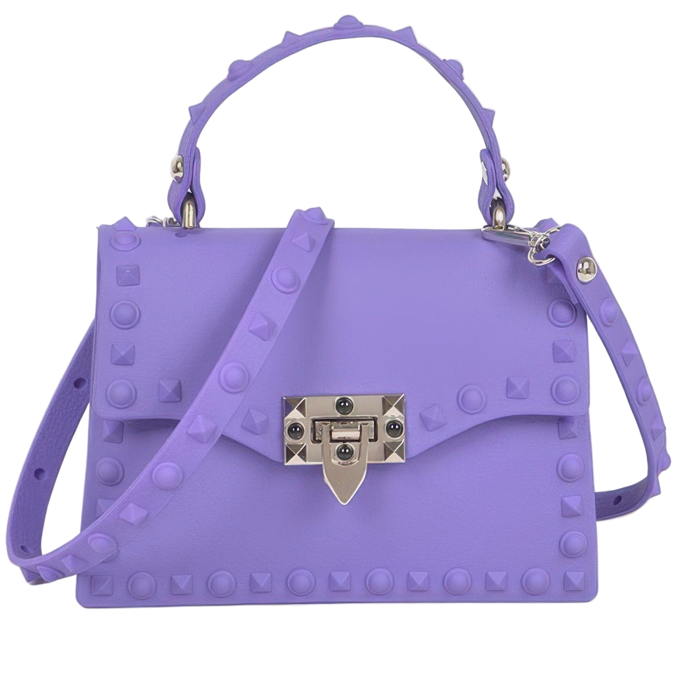 Monotone studded clutch bag in lavender with adjustable strap and unique stud design