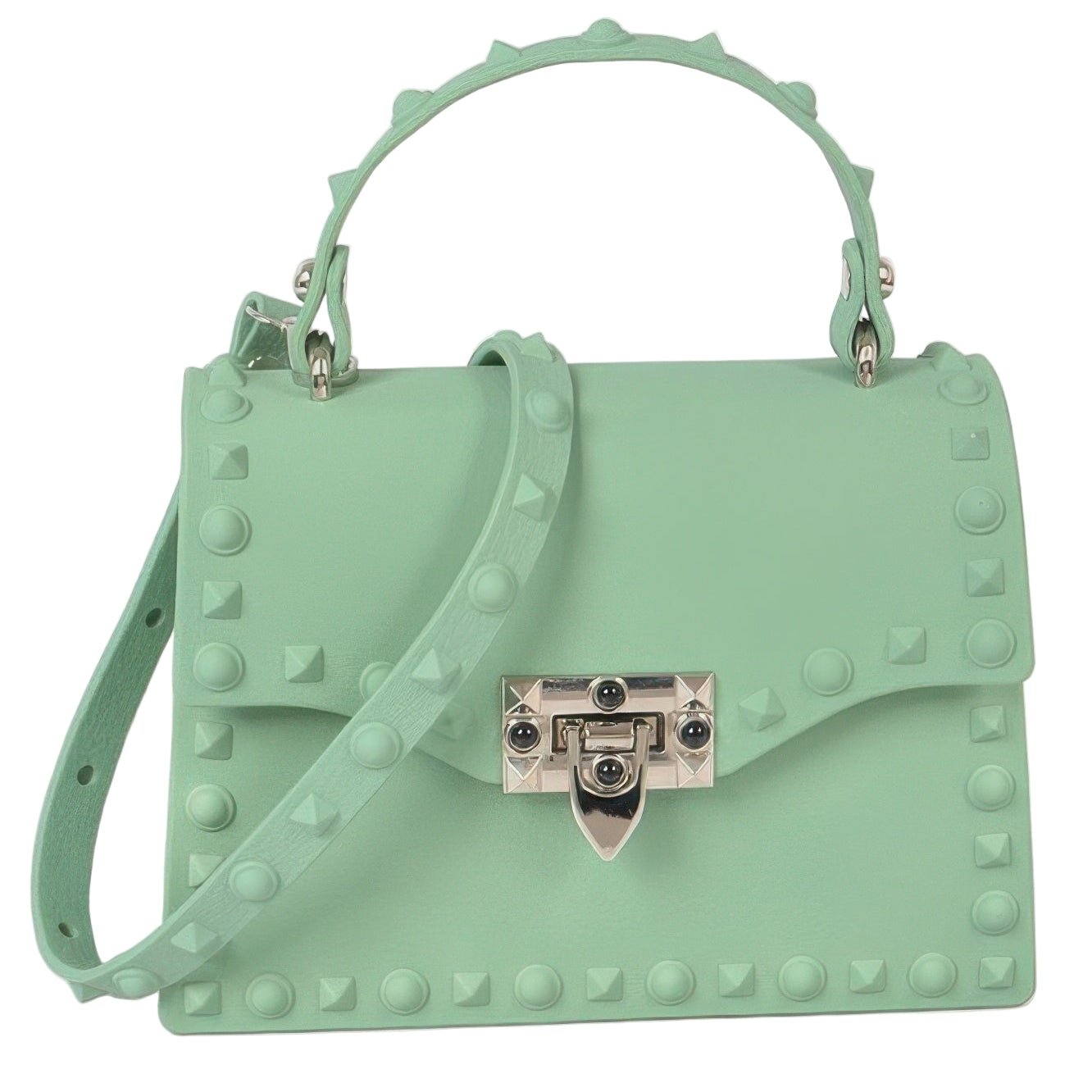 Mint green monotone studded clutch bag with a unique design and adjustable shoulder strap