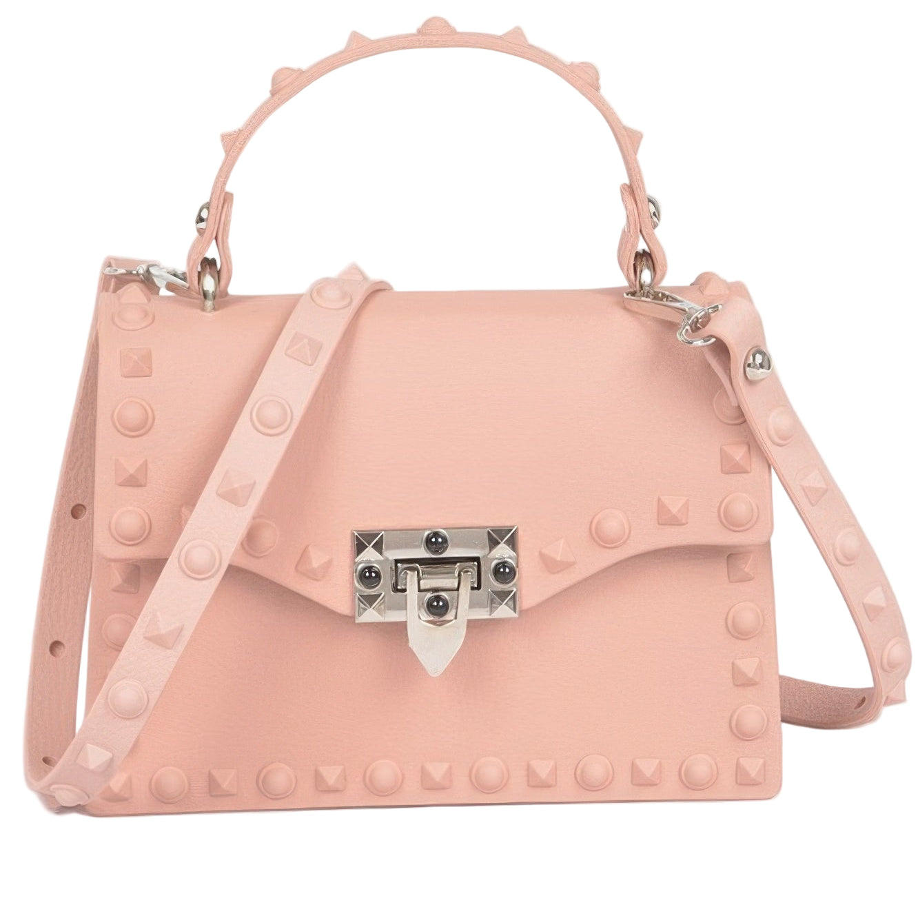 VacationGrabs monotone studded clutch bag in soft pink with decorative studs and a stylish handle