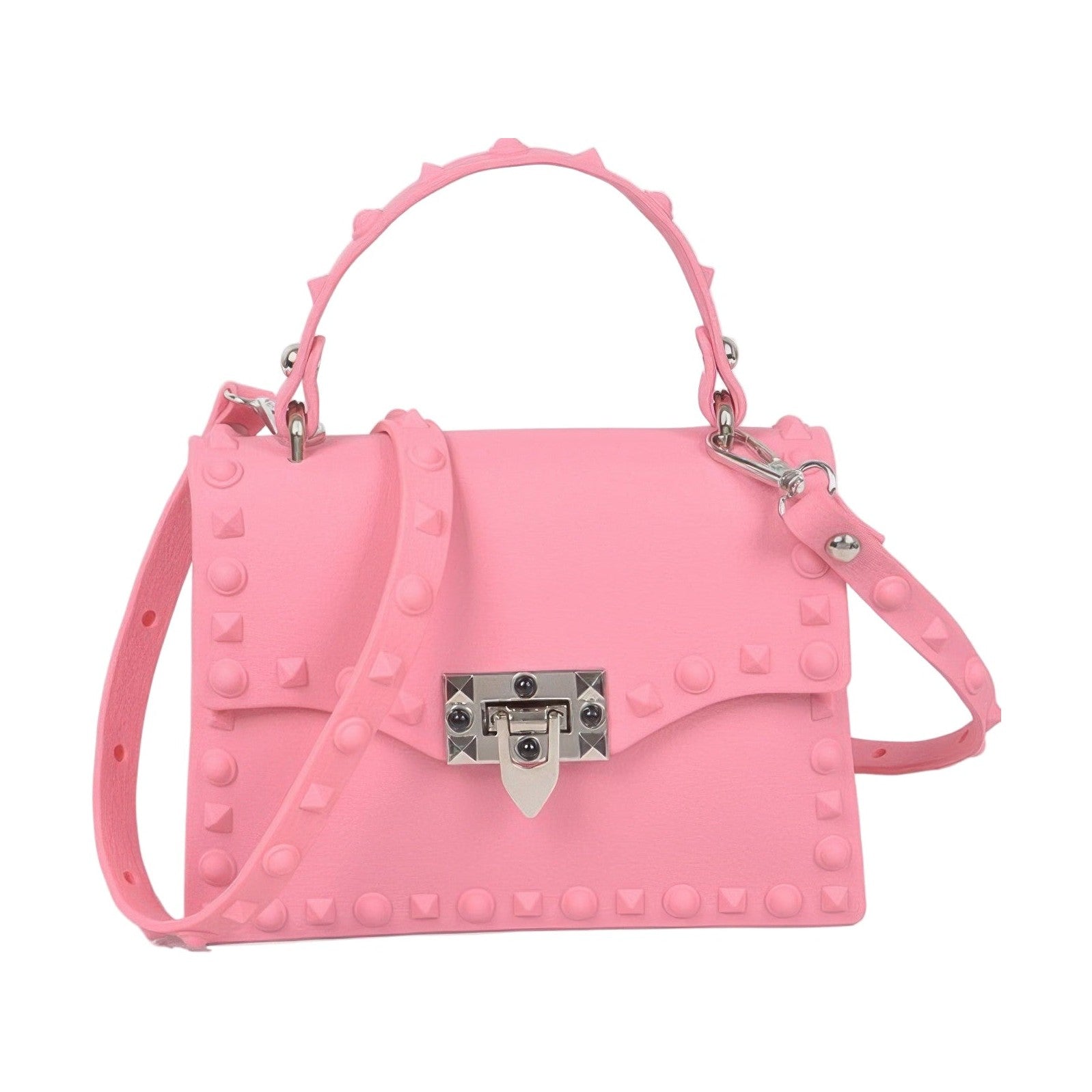 Pink monotone studded clutch bag with dual straps and a stylish lock closure