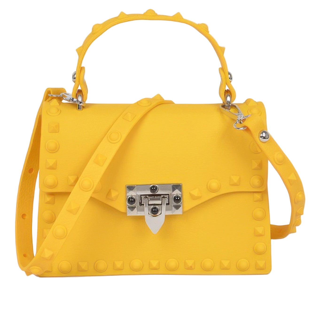 Bright yellow monotone studded clutch bag with unique design and detachable shoulder strap