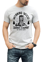 Wildberry Waves morning wood mens t-shirt with lumber company graphic on light gray fabric