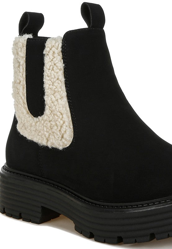 Stylish black ankle boots featuring Mothman fur detail for a trendy winter look