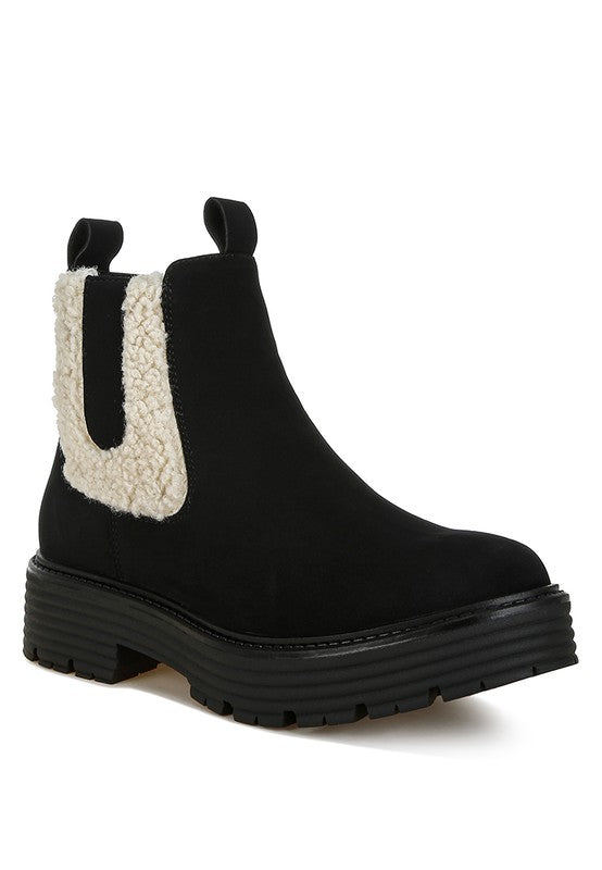 Stylish Rag Company Mothman fur detail boots in black with textured side panel for comfort