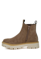 Rag Company Mothman fur detail boots in taupe with side zipper and chunky sole for women's style