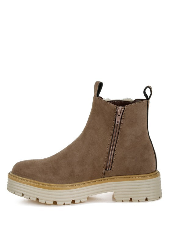 Rag Company Mothman fur detail boots in taupe with side zipper and chunky sole for women's style
