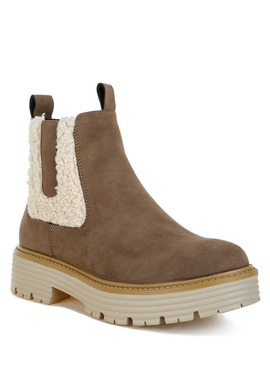 Rag Company Mothman fur detail boots in taupe with chunky sole and slip-on design