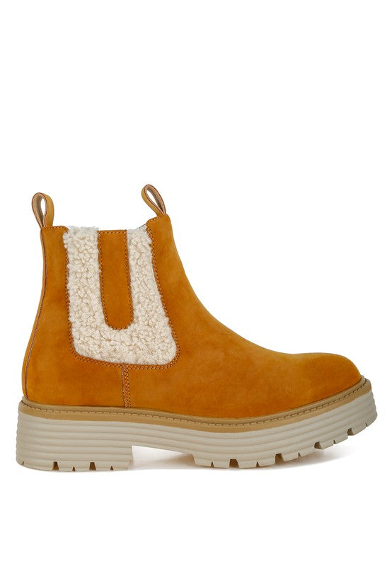 Rag Company Mothman fur detail boots in mustard with a chunky sole and cozy lining