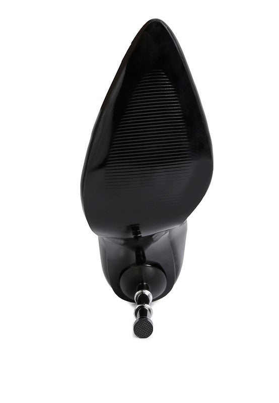 Bottom view of Rag Company's moulin ringed stiletto booties featuring a sleek design and pointed toe