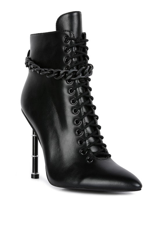 Rag Company moulin ringed stiletto booties in black leather with lace-up front and chain detail