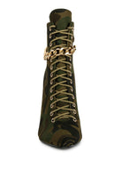 Rag Company Moulin Ringed Stiletto Booties with Camo Print and Gold Chain Detail