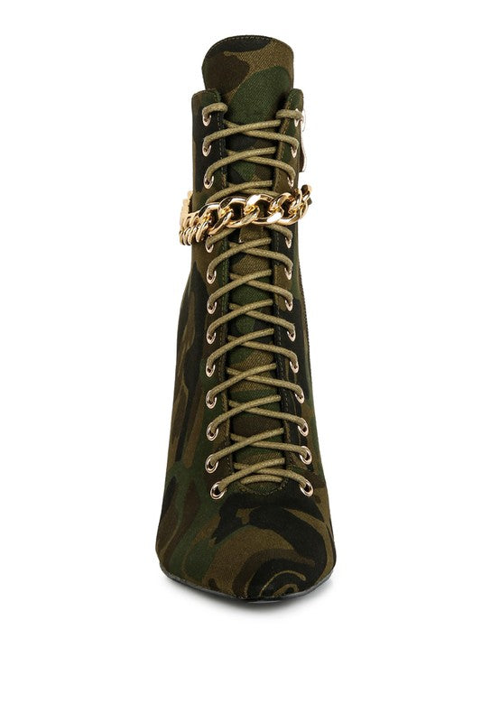 Rag Company Moulin Ringed Stiletto Booties with Camo Print and Gold Chain Detail