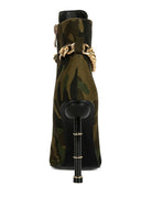 Rag Company moulin ringed stiletto booties in camouflage print with a stylish gold chain detail